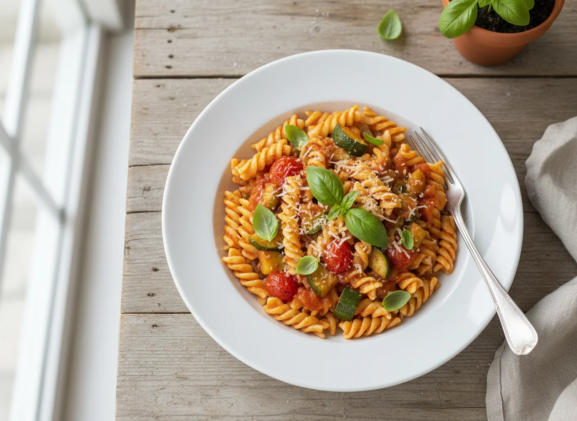 Nudeln mit Zucchini und Tomatensauce photo