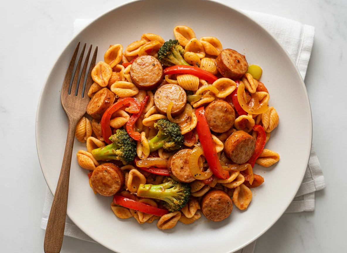 Nudelpfanne mit Brokkoli und Wurst photo