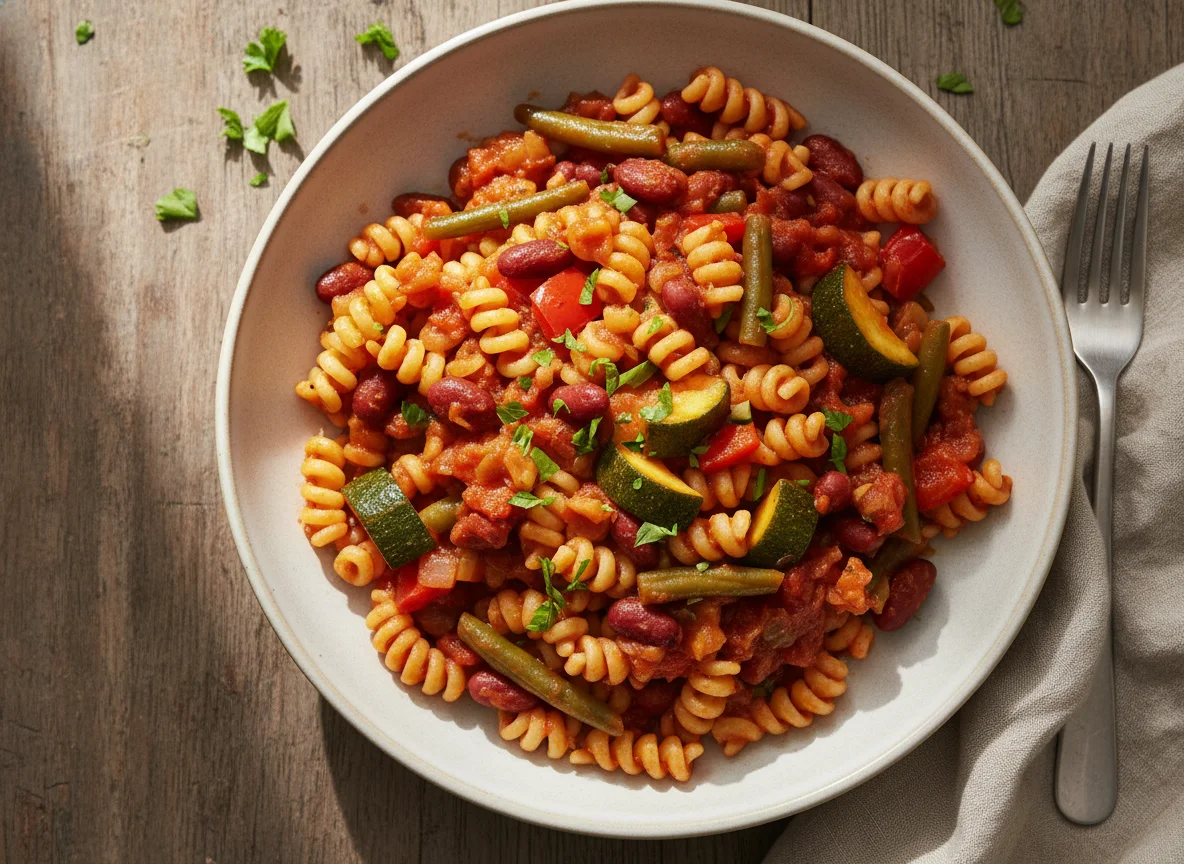 Nudelpfanne mit Gemüse und Bohnen photo