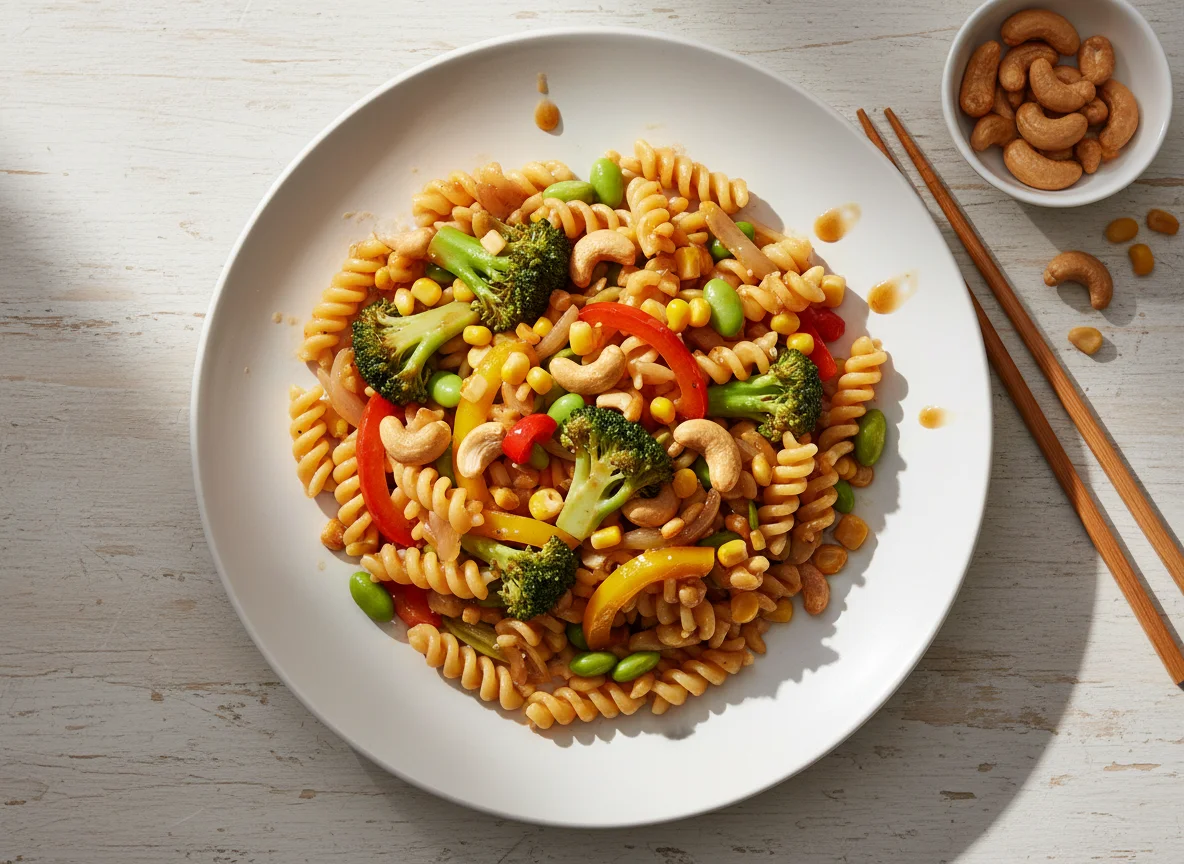 Nudelpfanne mit Gemüse und Cashewkernen photo
