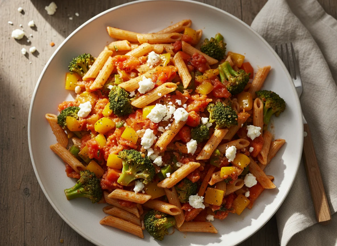Nudelpfanne mit Gemüse und Feta photo