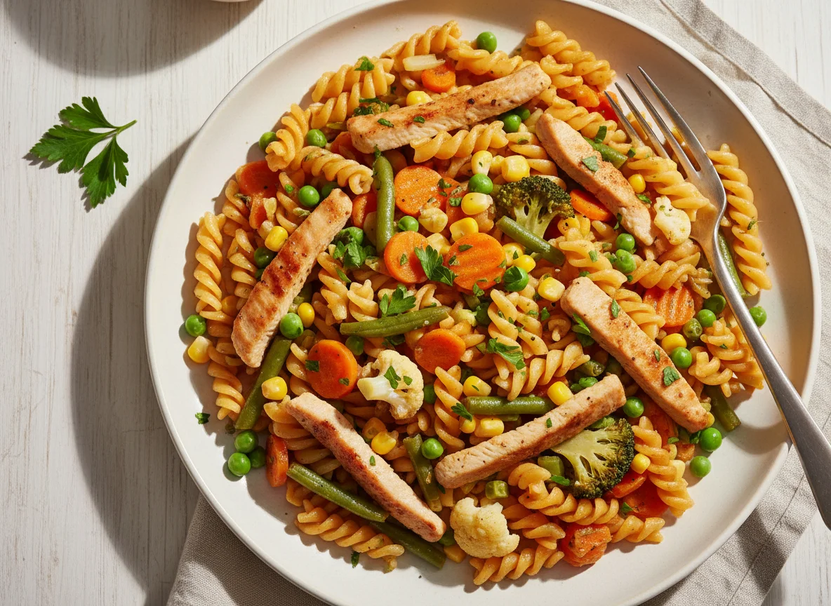 Nudelpfanne mit Gemüse und Fleischstreifen photo