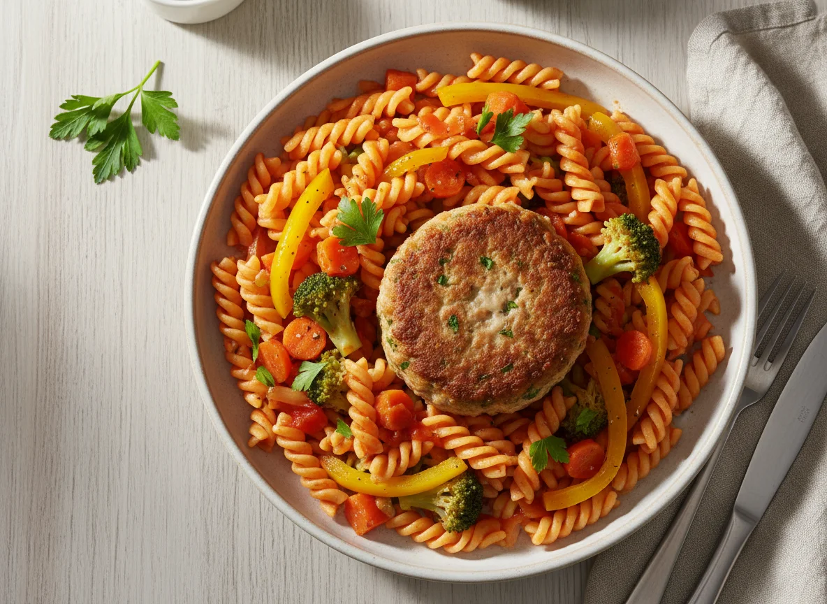 Nudelpfanne mit Gemüse und Frikadelle photo