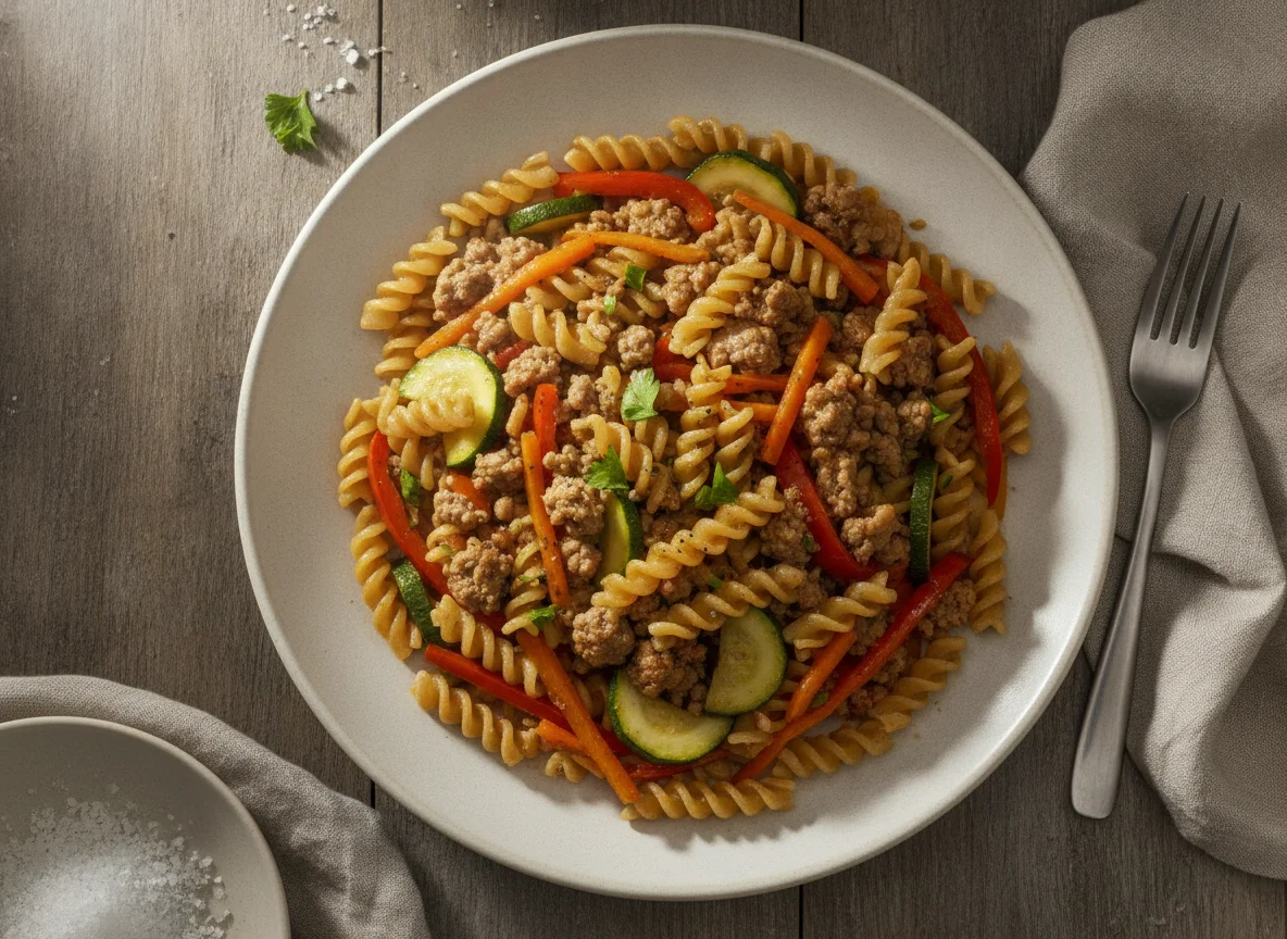 Nudelpfanne mit Gemüse und Hackfleisch photo