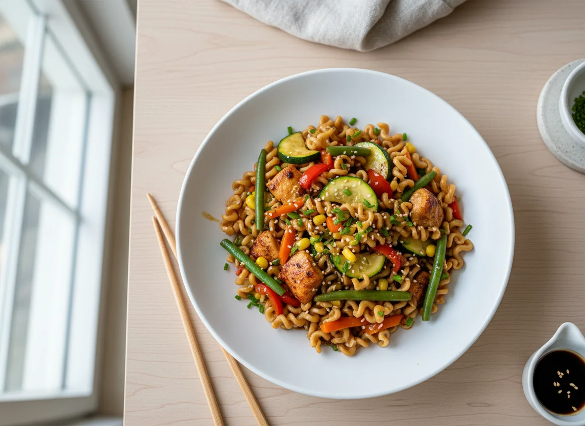 Nudelpfanne mit Gemüse und Hähnchen photo
