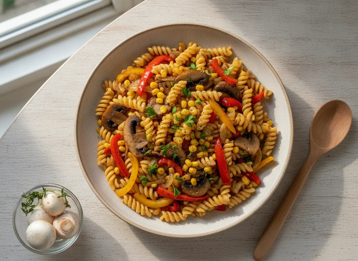 Nudelpfanne mit Gemüse und Pilzen photo