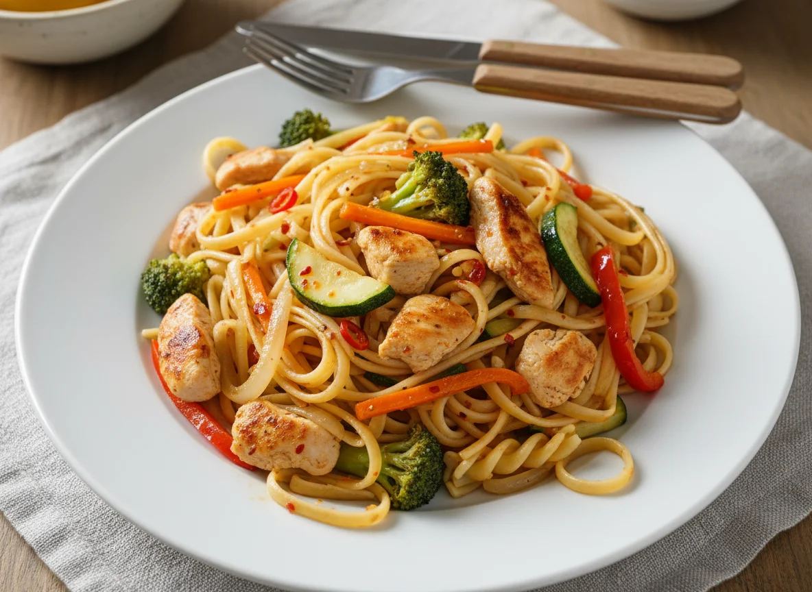 Nudelpfanne mit Gemüse und Poulet photo