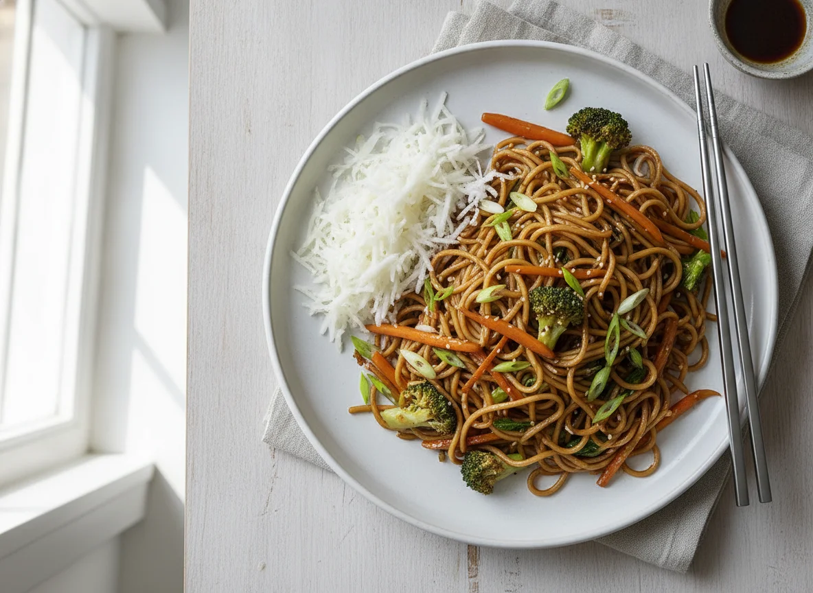 Nudelpfanne mit Gemüse und Rettichsalat photo