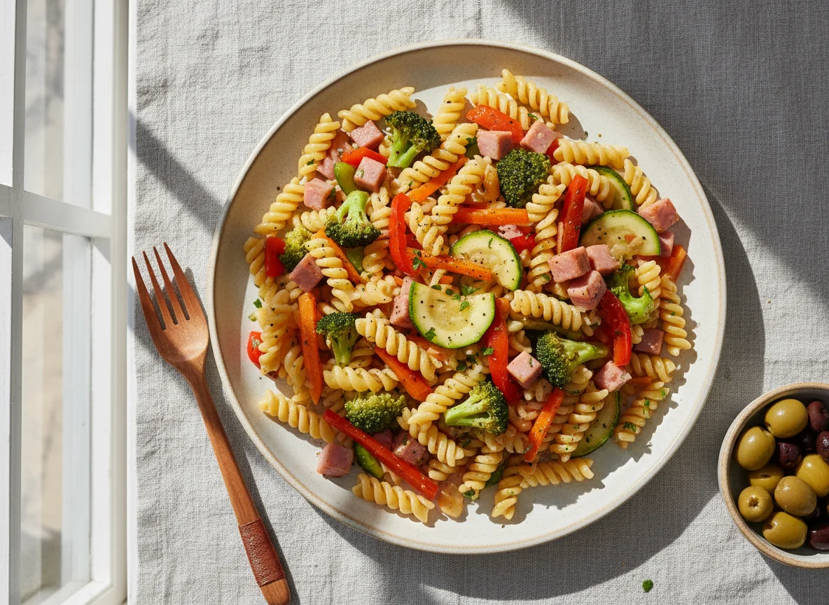 Nudelpfanne mit Gemüse und Schinken photo