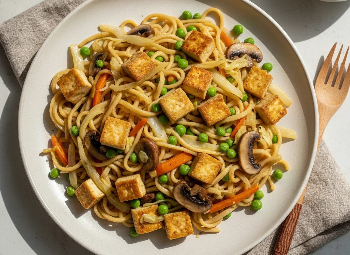 Nudelpfanne mit Gemüse und Tofu photo