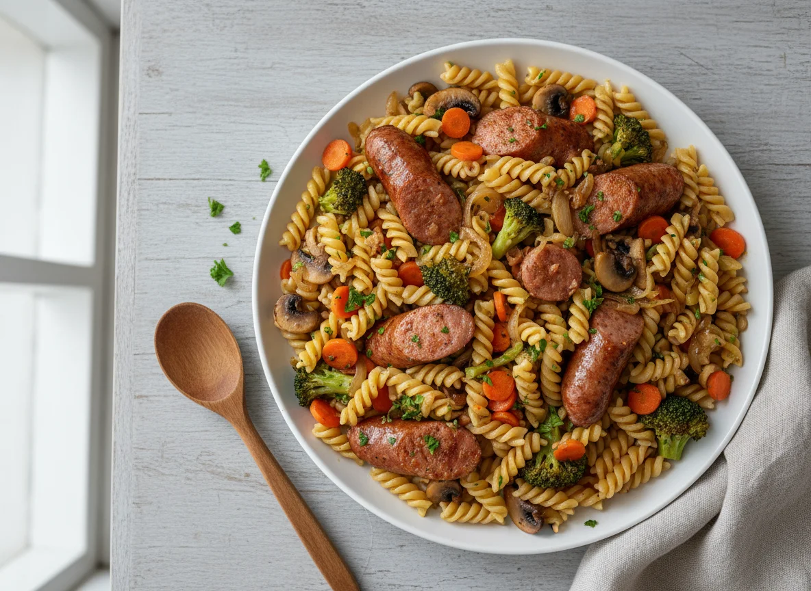 Nudelpfanne mit Gemüse und Würstchen photo