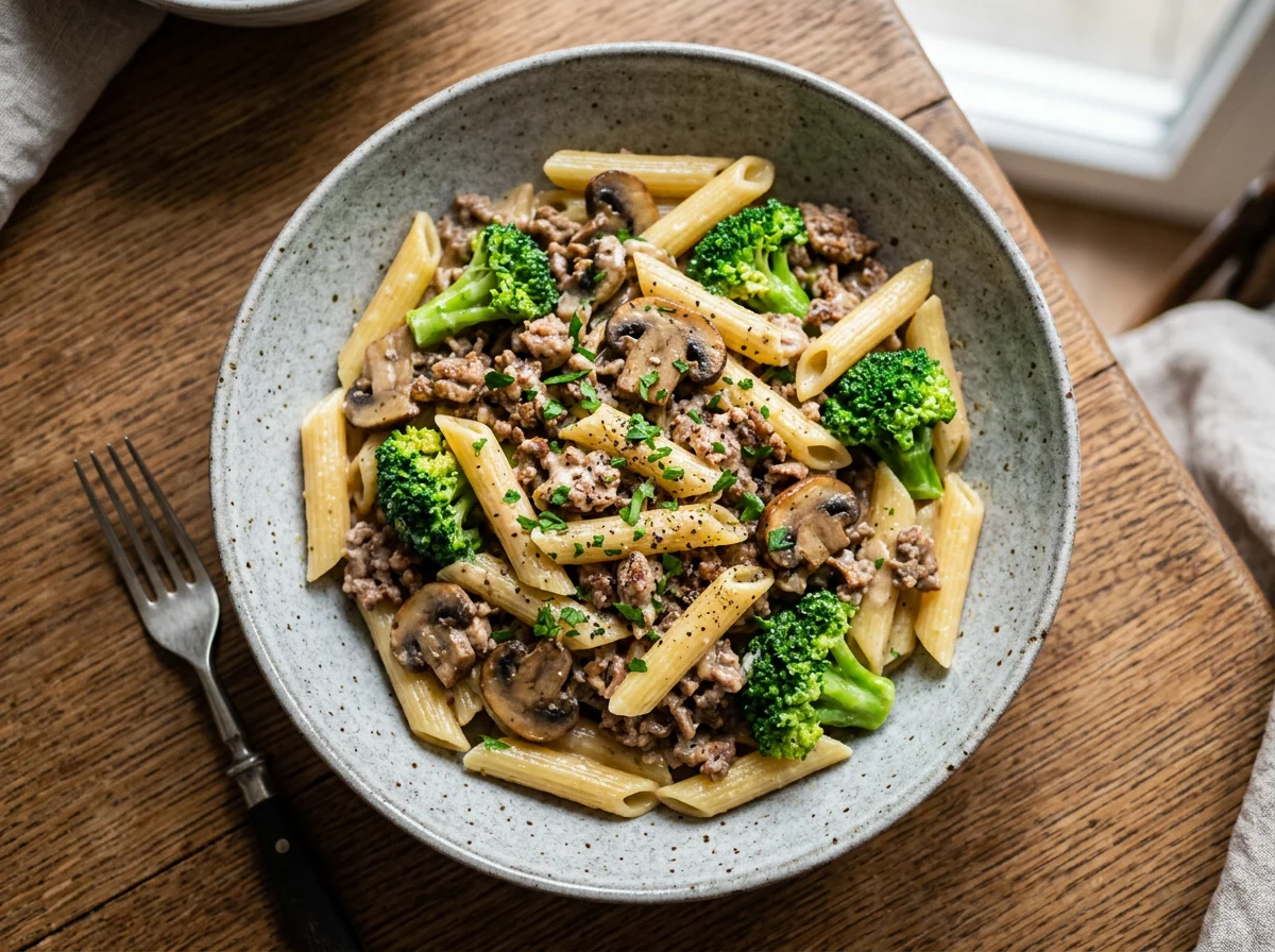 Nudelpfanne mit Hackfleisch, Pilzen und Brokkoli photo
