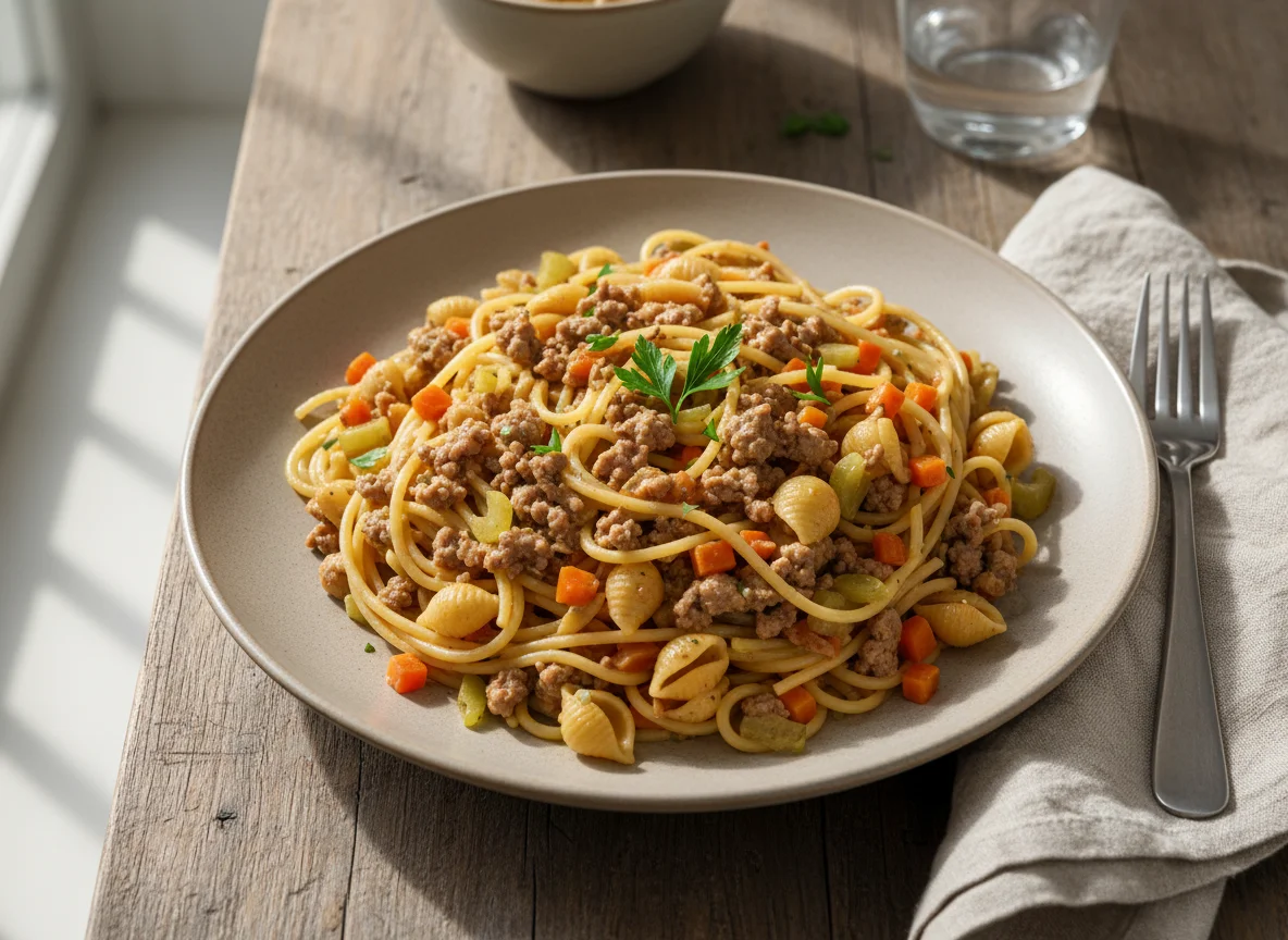 Nudelpfanne mit Hackfleisch und Gemüse photo
