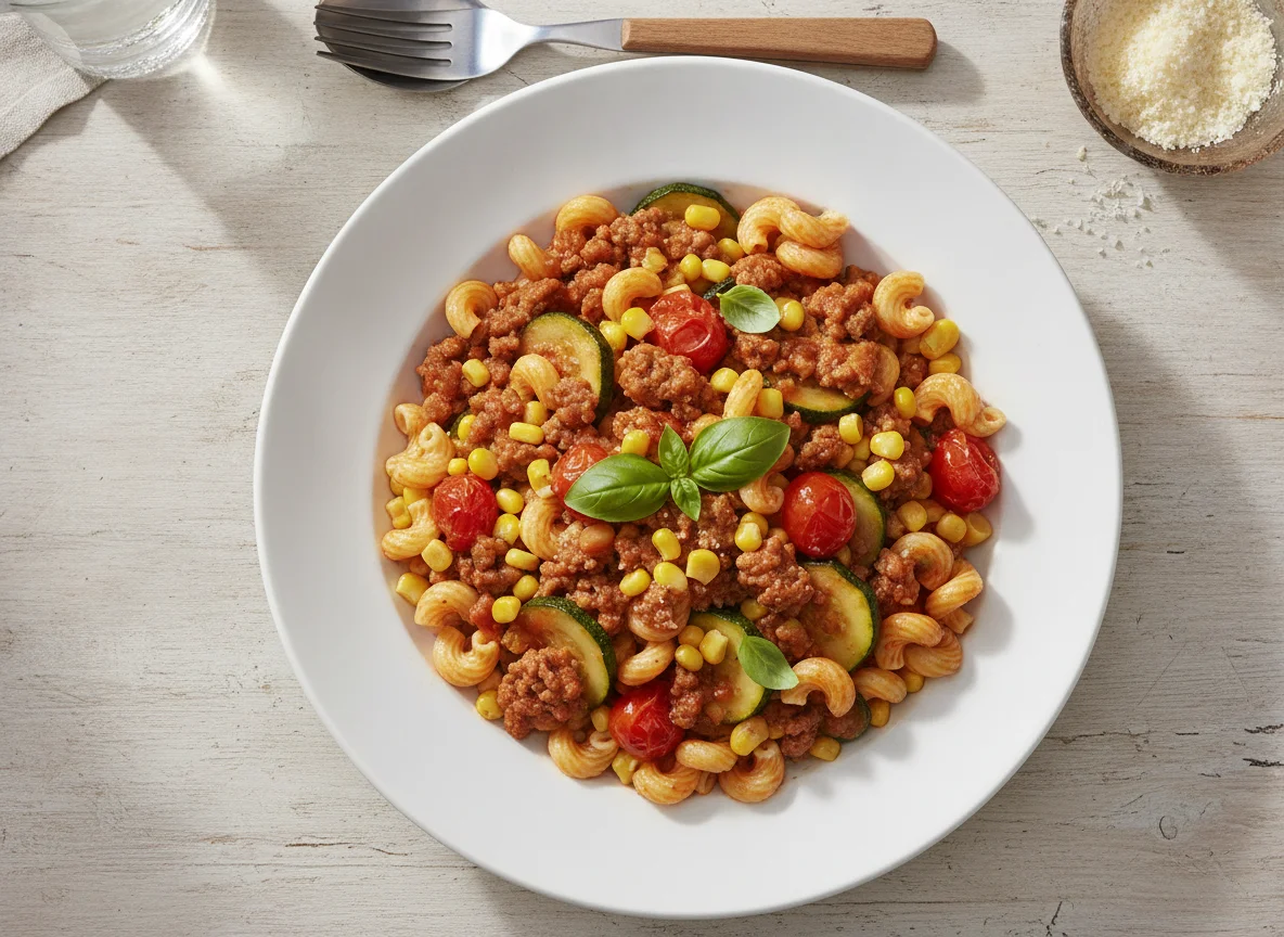 Nudelpfanne mit Hackfleisch und Zucchini photo