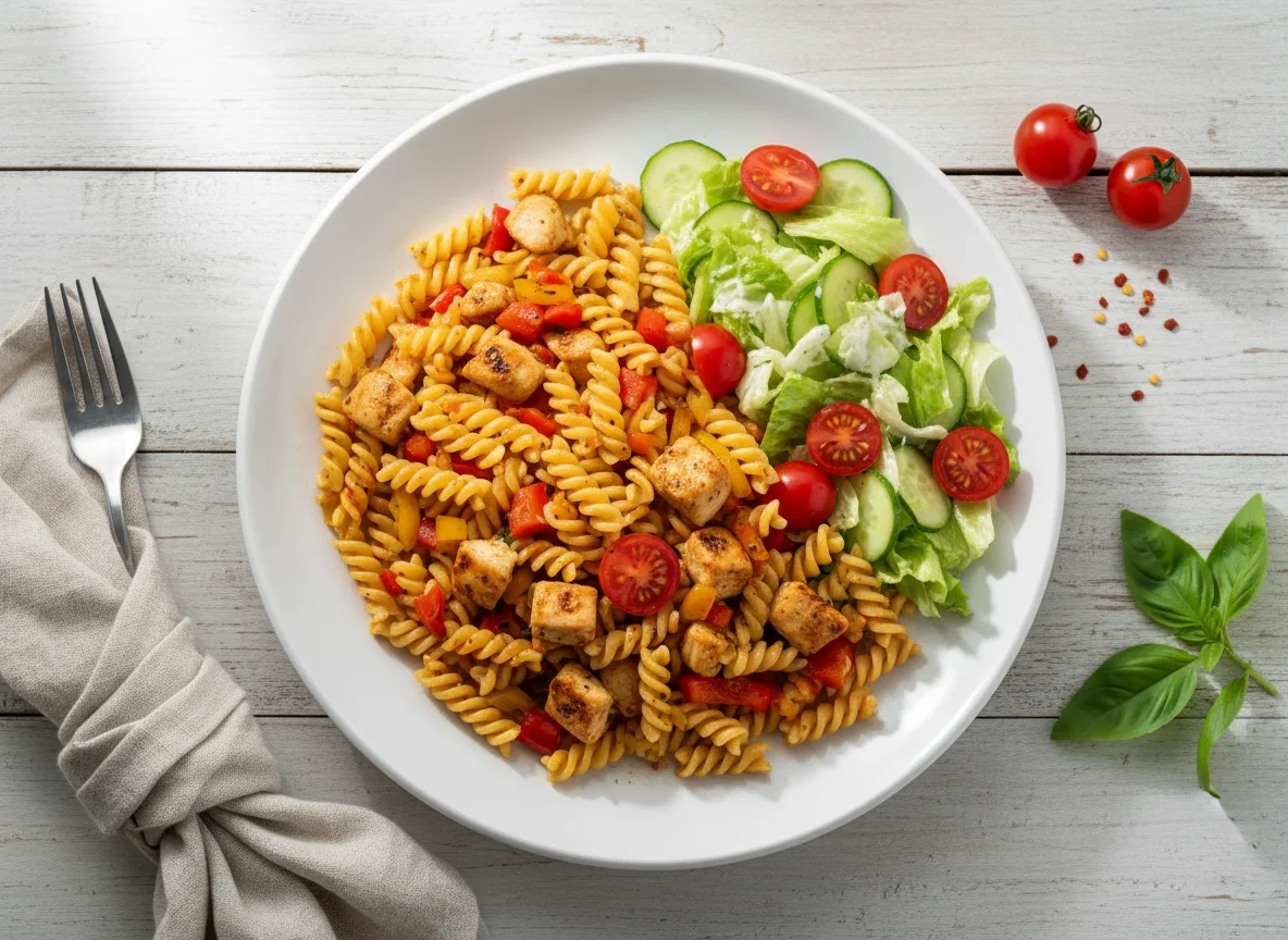 Nudelpfanne mit Hähnchen und Salat photo