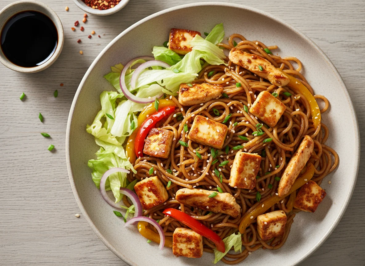 Nudelpfanne mit Halloumi und Hähnchen photo