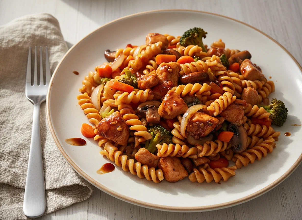 Nudelpfanne mit Hühnchen Teriyaki und Gemüse photo