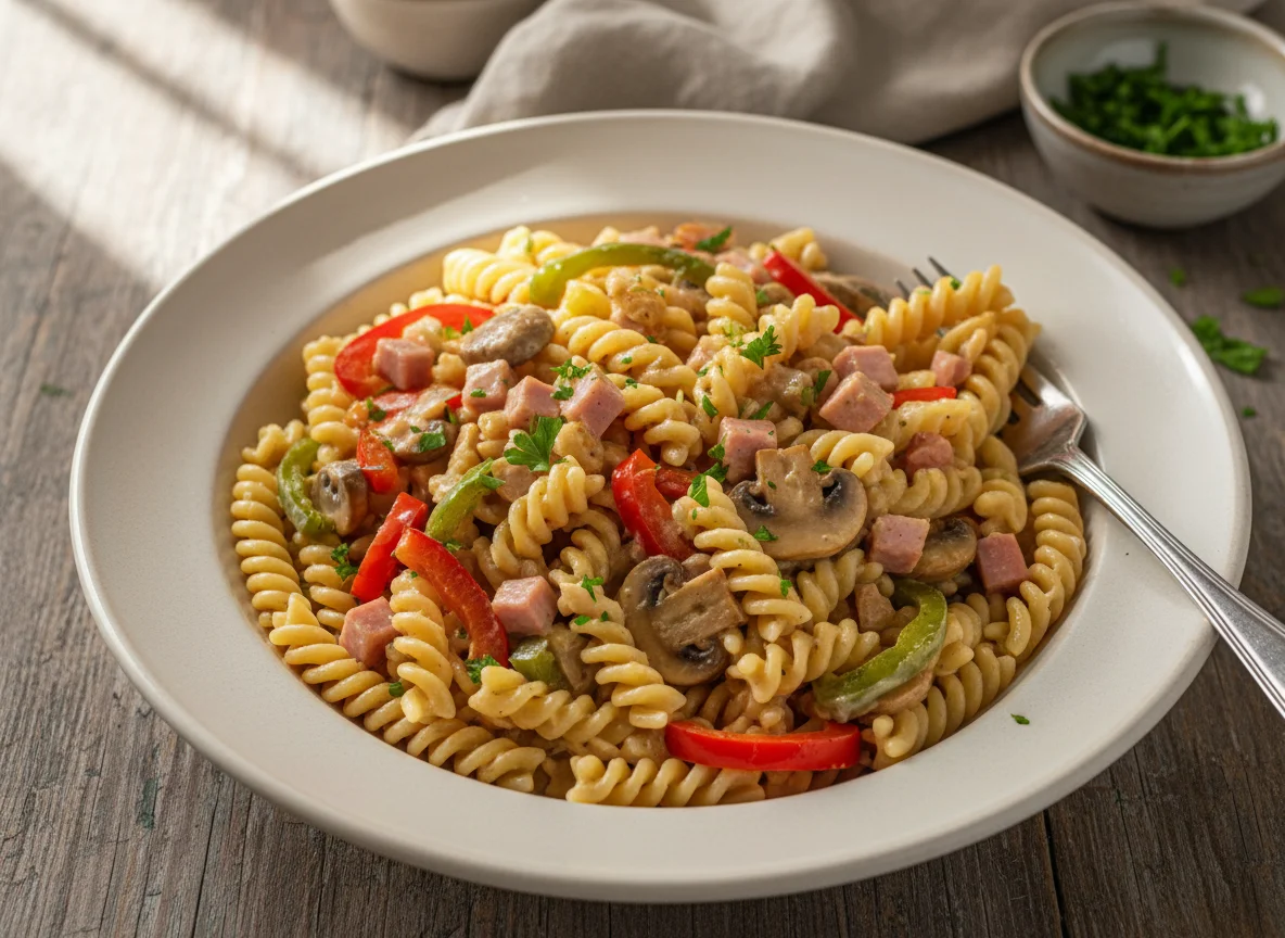 Nudelpfanne mit Pilzen, Schinken und Paprika in Sahnesauce photo