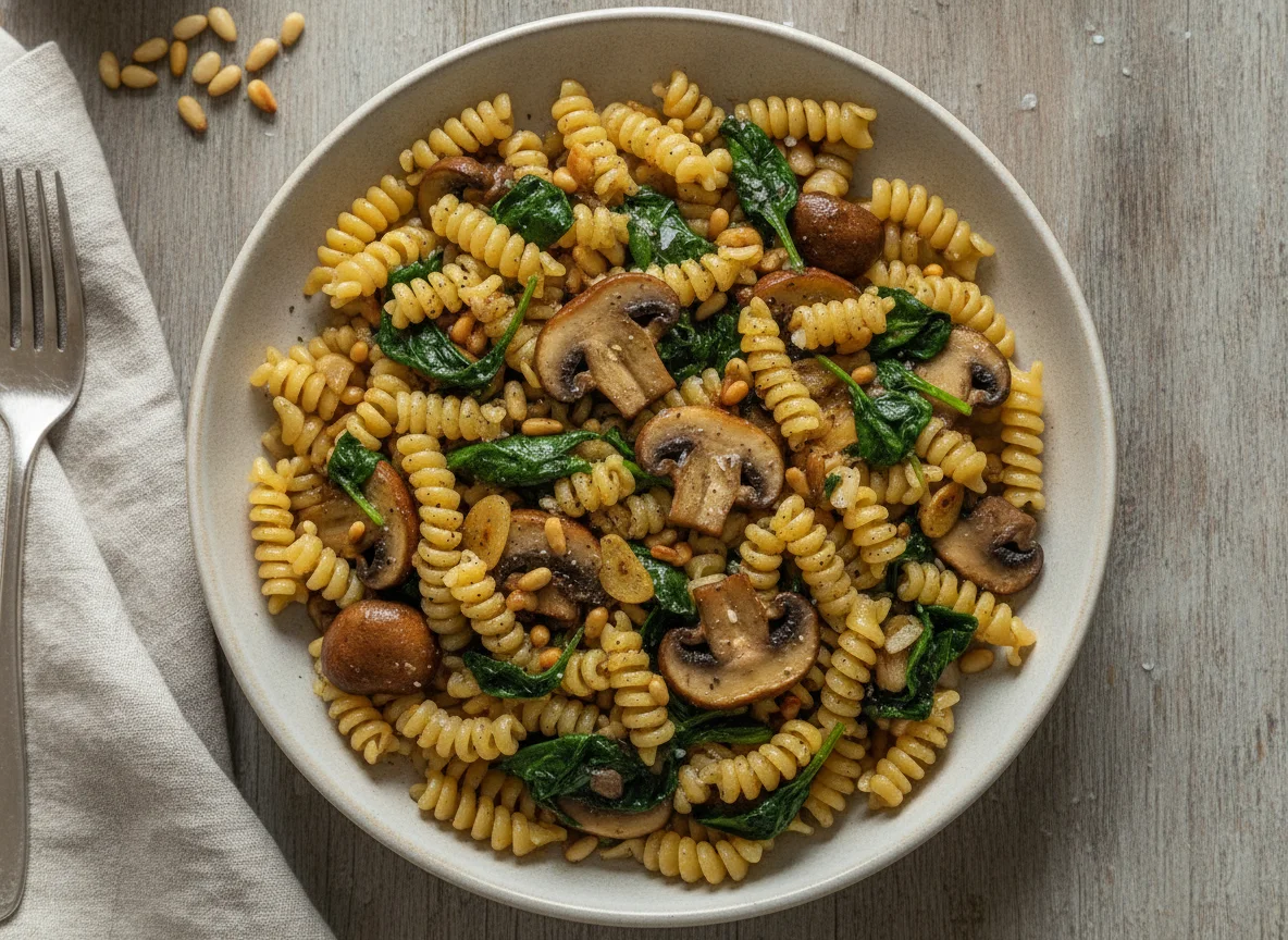 Nudelpfanne mit Pilzen und Spinat photo