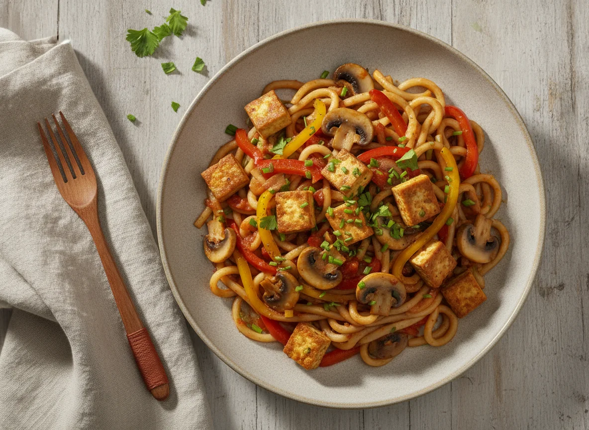 Nudelpfanne mit Pilzen und Tofu photo