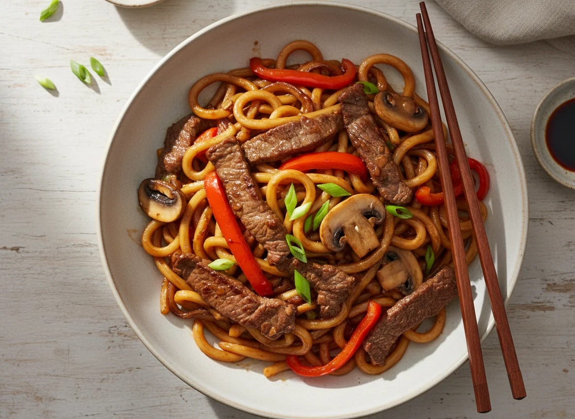 Nudelpfanne mit Rindfleisch und Gemüse photo