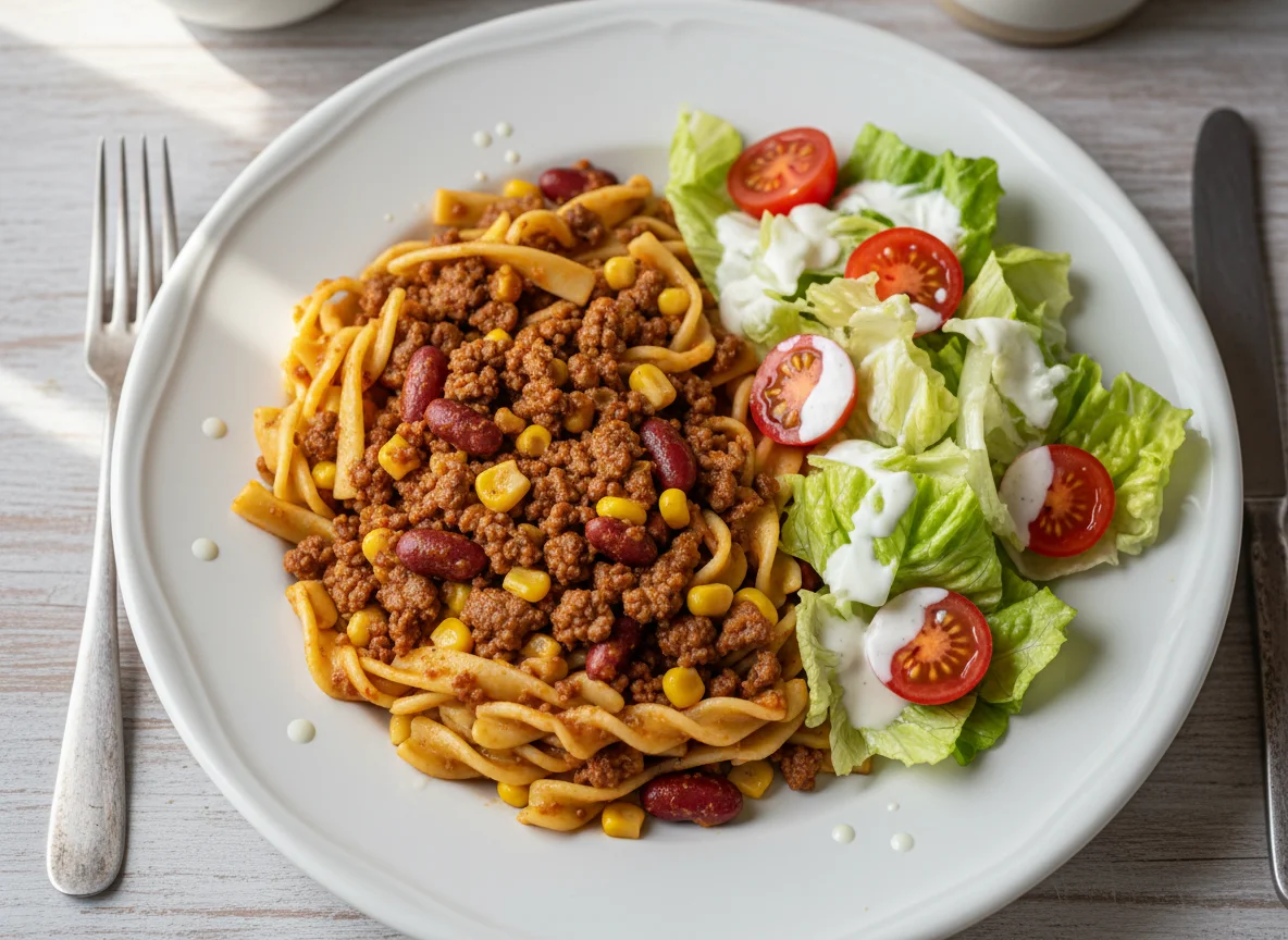 Nudelpfanne mit Salat photo