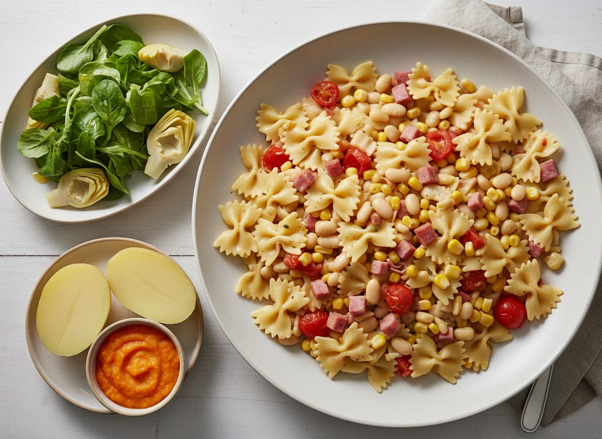 Nudelpfanne mit Salat und Beilagen photo