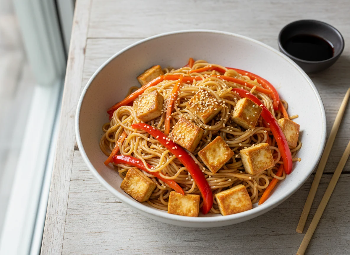 Nudelpfanne mit Tofu und Gemüse photo