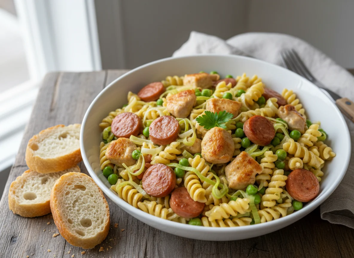 Nudelpfanne mit Würstchen, Huhn und Gemüse photo
