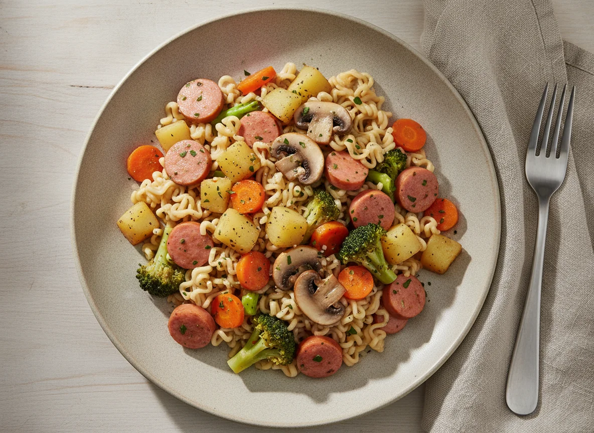 Nudelpfanne mit Würstchen und Gemüse photo