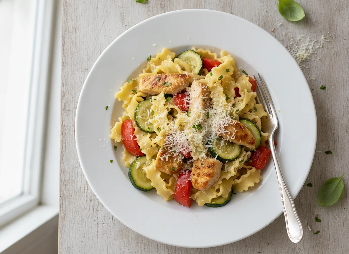 Nudelpfanne mit Zucchini, Paprika und Hähnchen photo