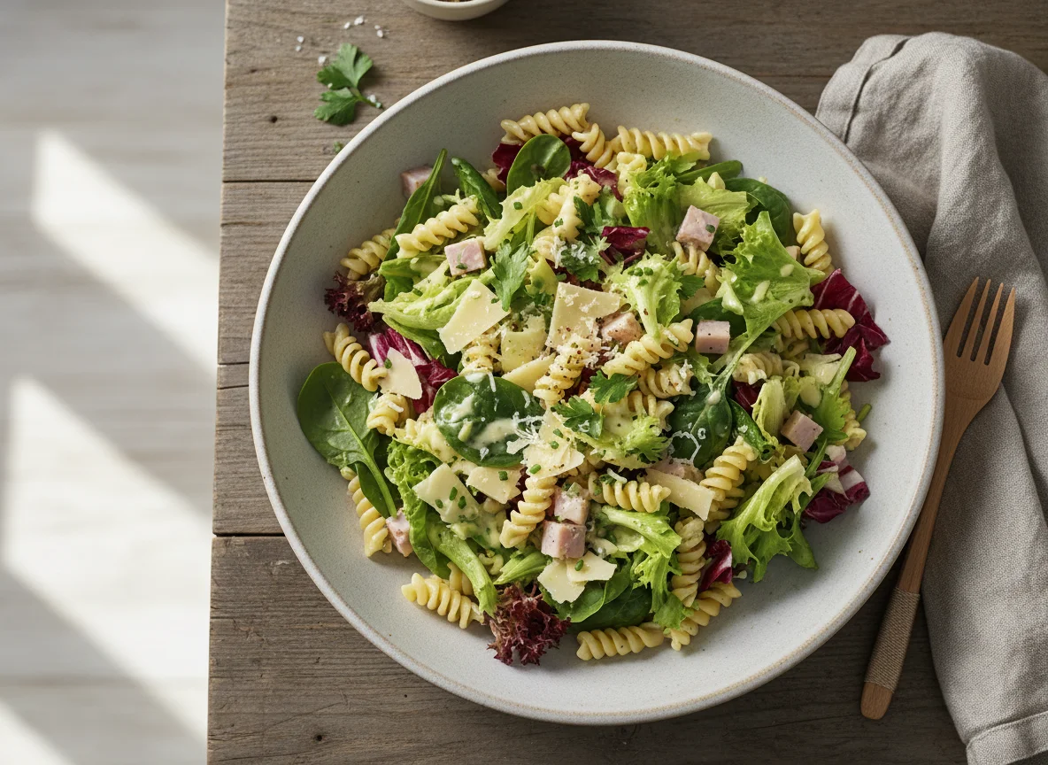 Nudelsalat mit Blattsalat und Dressing photo