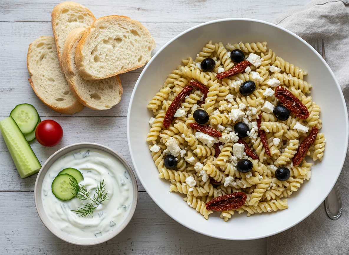 Nudelsalat mit Brot und Tzatziki photo