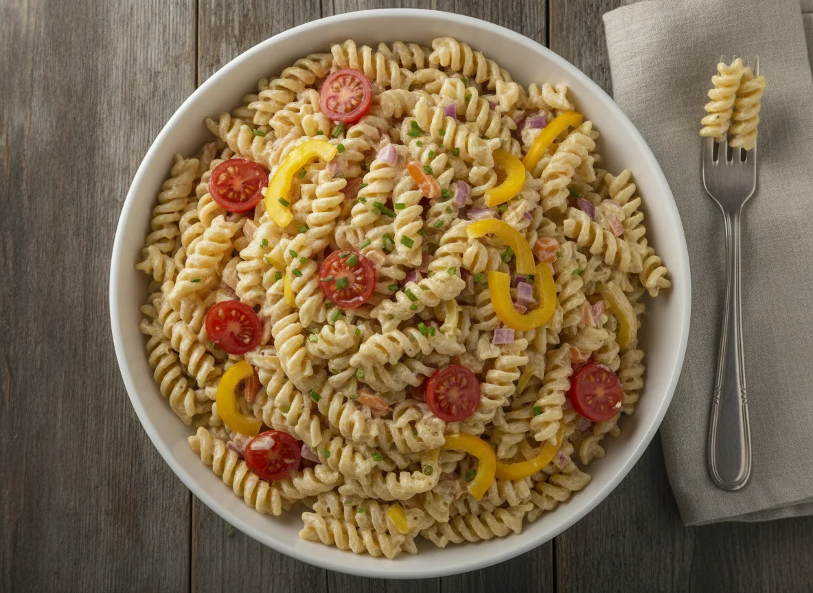 Nudelsalat mit cremiger Sauce und Gemüse photo