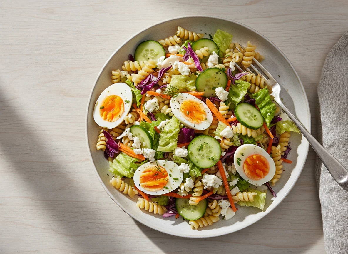Nudelsalat mit Ei und Gemüse photo