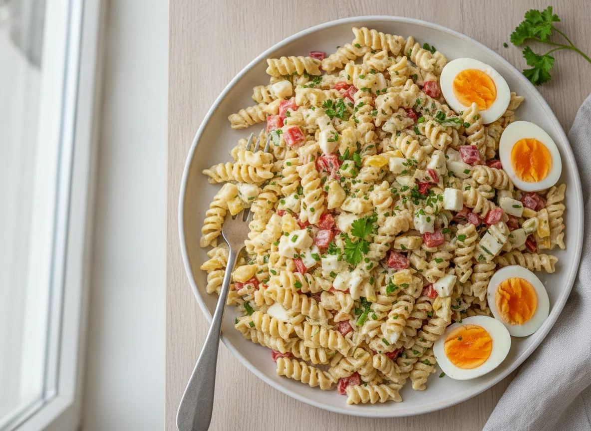 Nudelsalat mit Ei und Mayonnaise photo