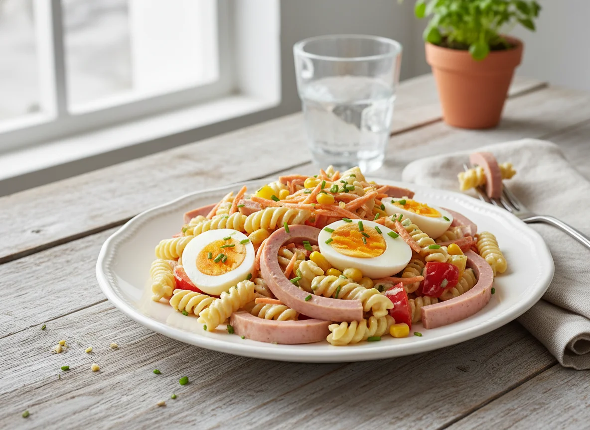 Nudelsalat mit Ei und Wurstsalat photo
