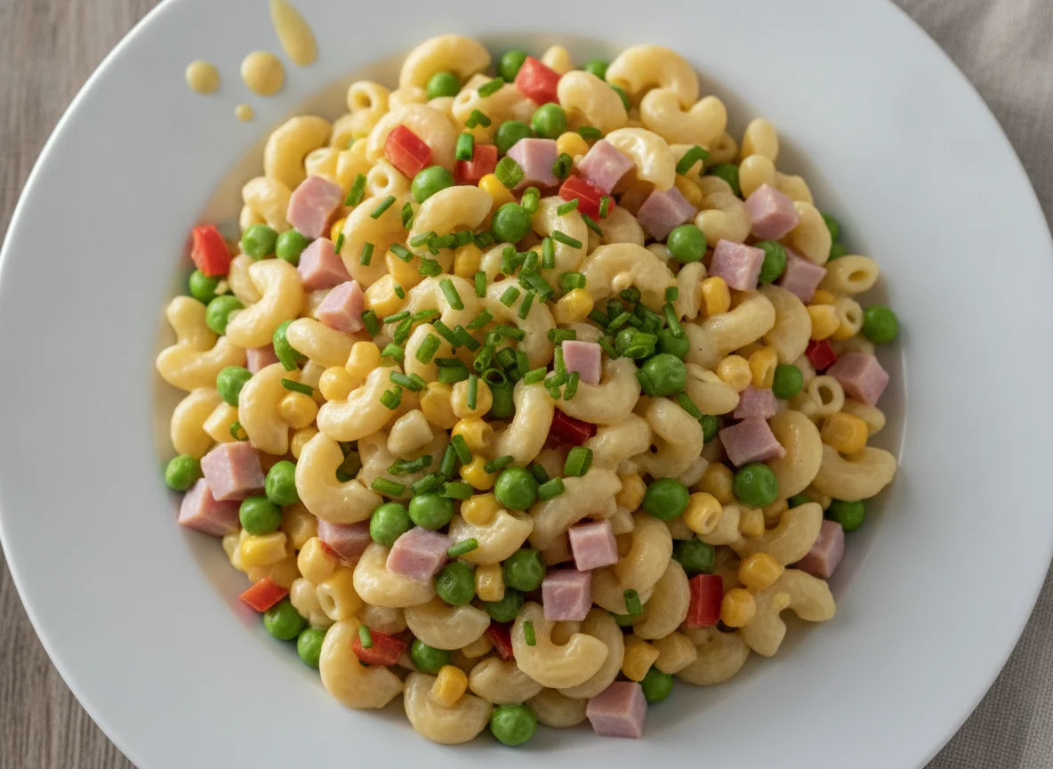 Nudelsalat mit Erbsen, Mais und Schinken photo