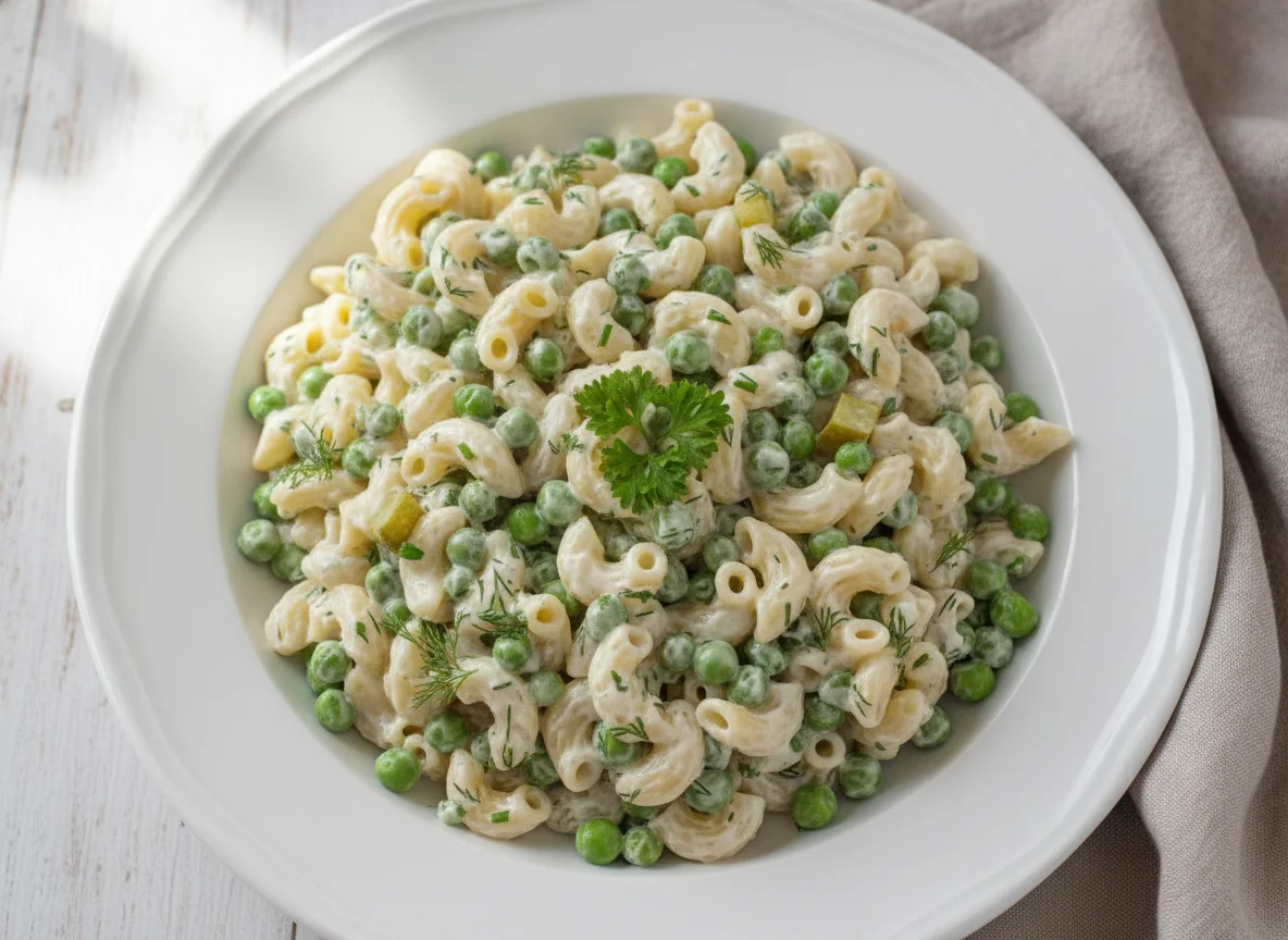 Nudelsalat mit Erbsen und Mayonnaise-Dressing photo