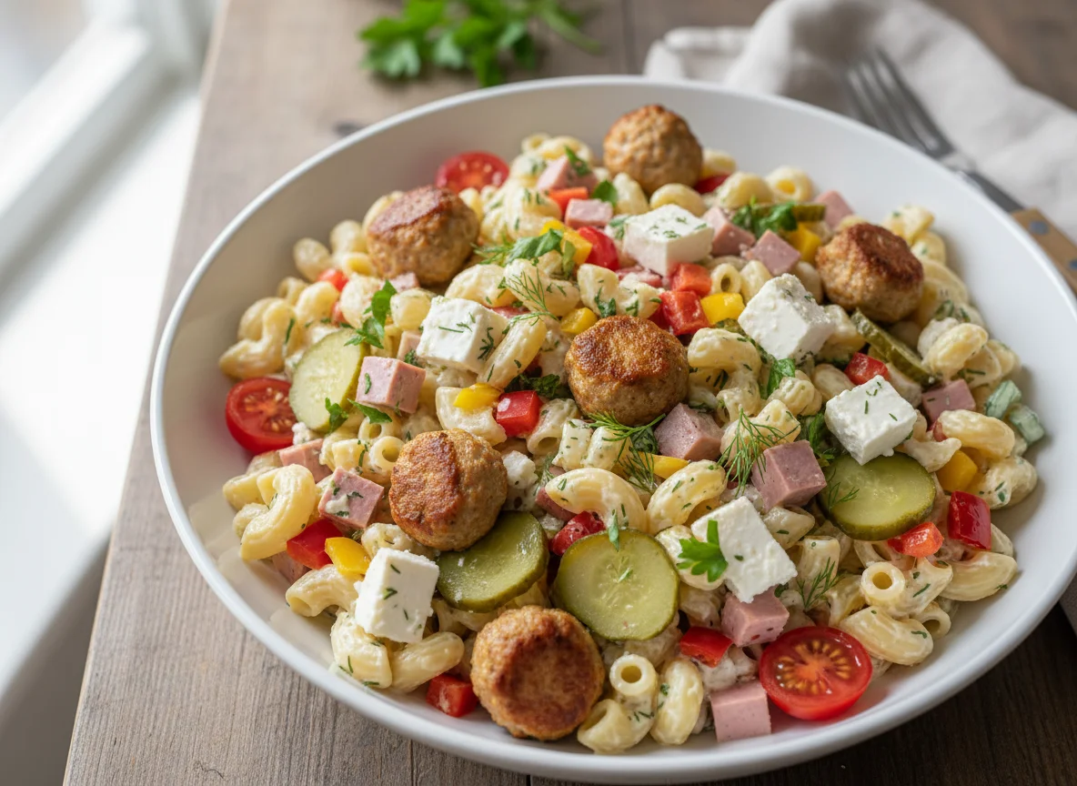 Nudelsalat mit Fleischbällchen und Feta photo