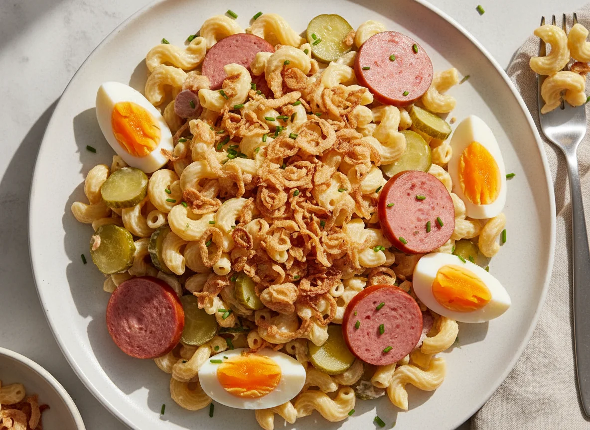 Nudelsalat mit Fleischwurst und Ei photo