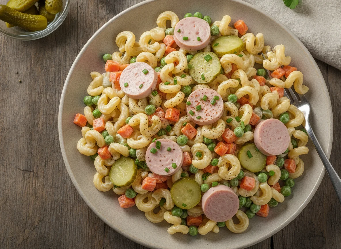 Nudelsalat mit Fleischwurst und Gemüse photo