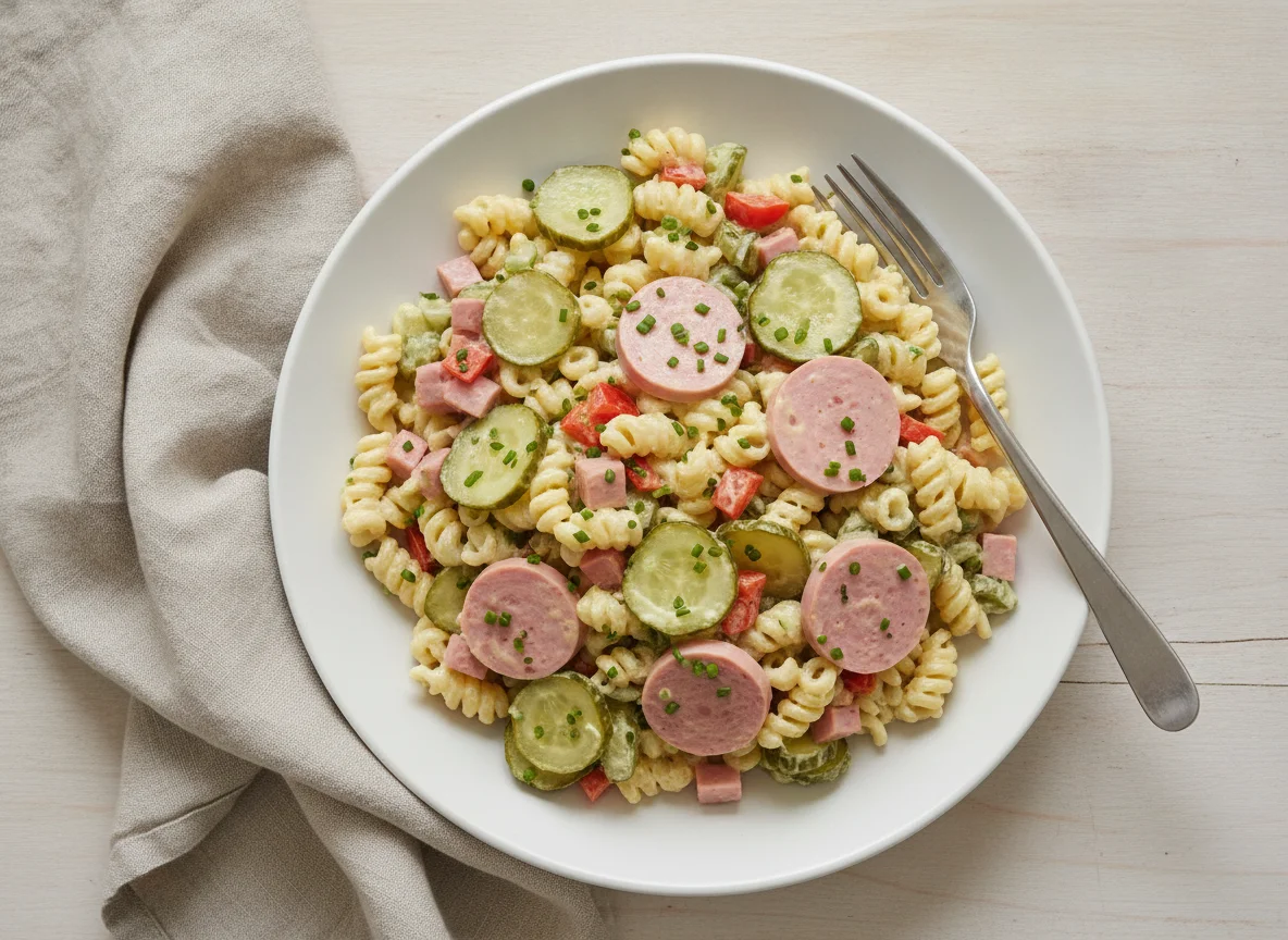 Nudelsalat mit Fleischwurst und Gewürzgurken photo