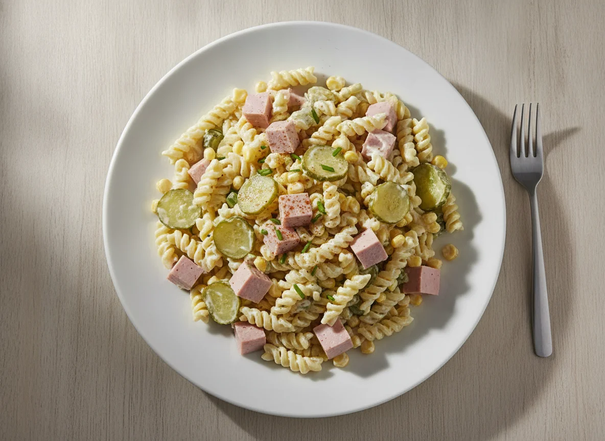 Nudelsalat mit Fleischwurst und Mais photo