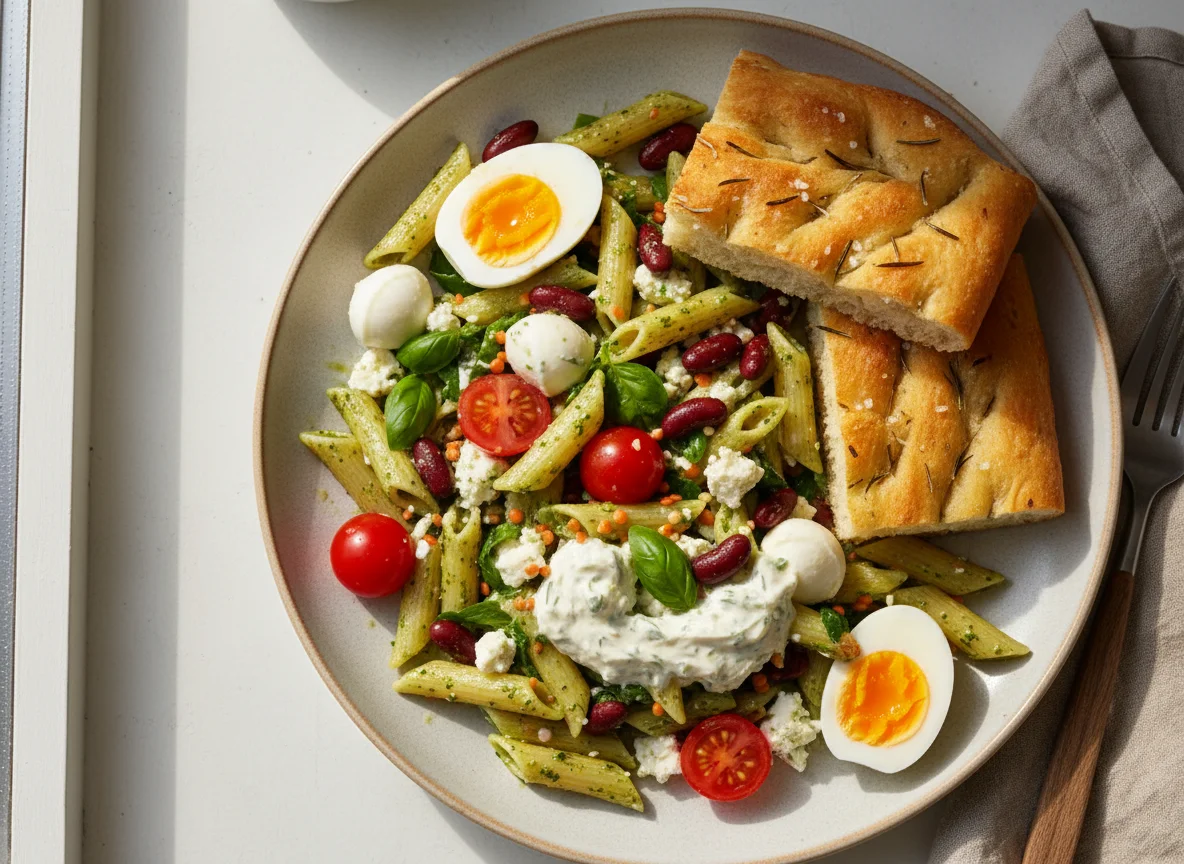Nudelsalat mit Focaccia und Ei photo