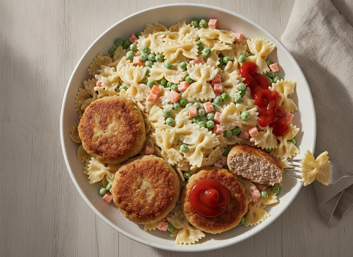 Nudelsalat mit Frikadellen und Ketchup photo