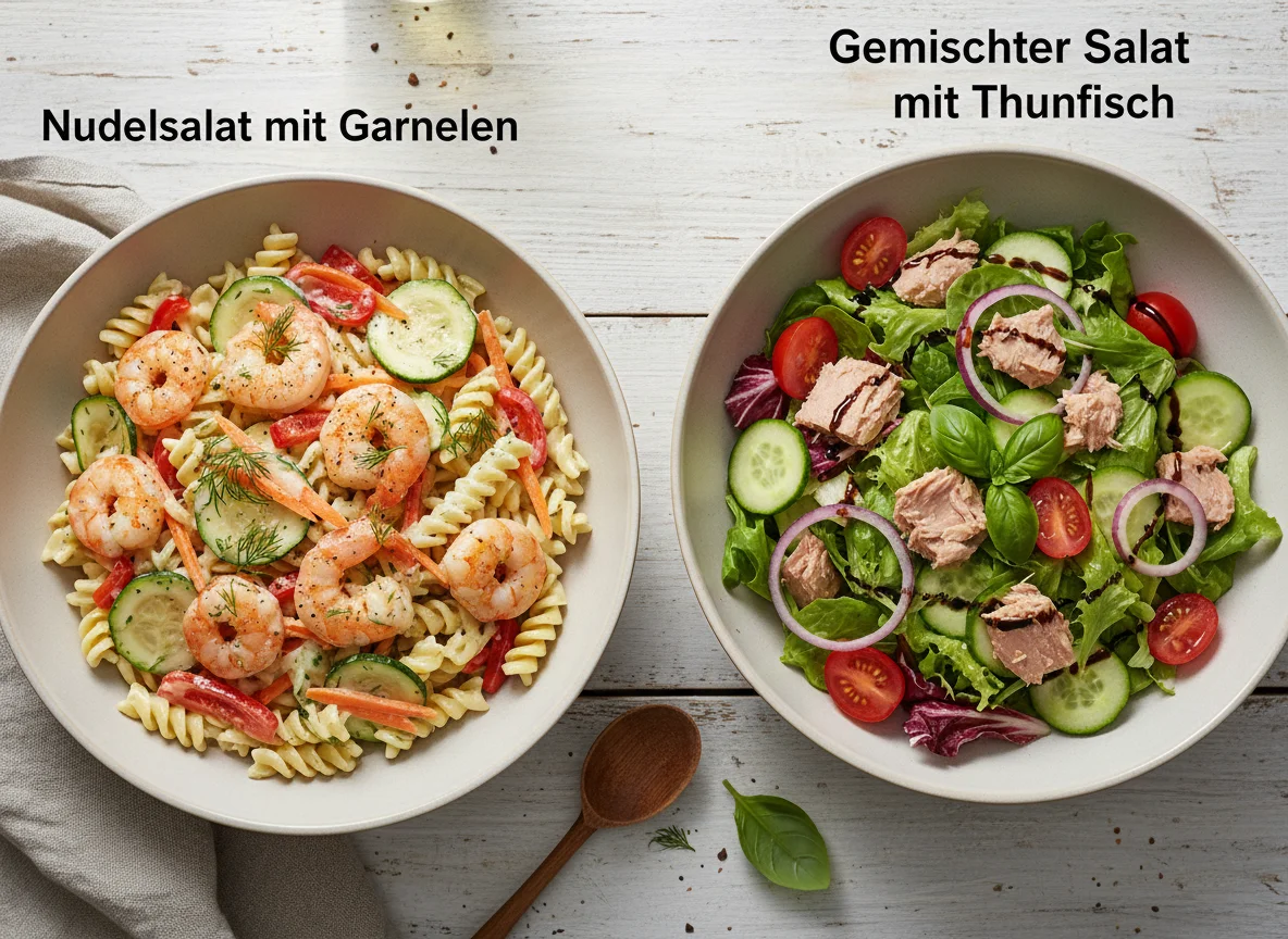 Nudelsalat mit Garnelen und gemischter Salat mit Thunfisch photo
