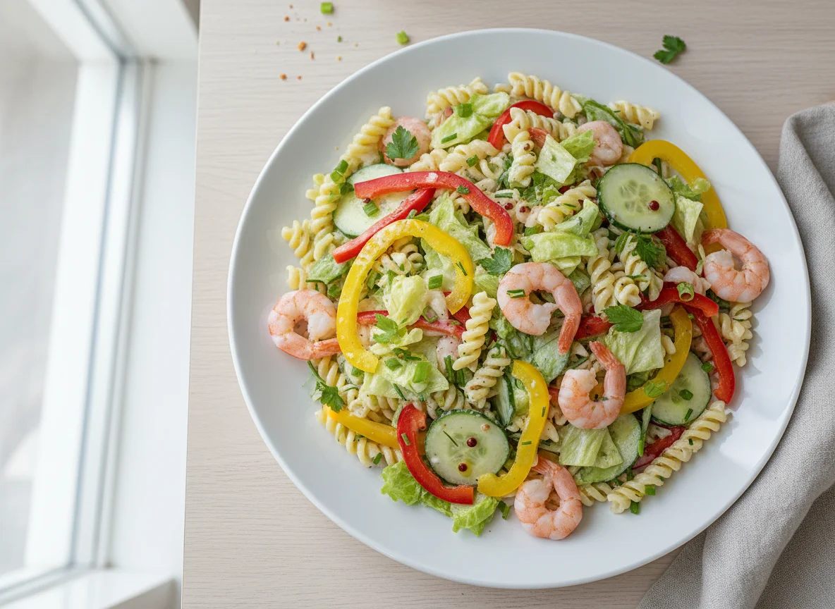 Nudelsalat mit Garnelen und Paprika photo