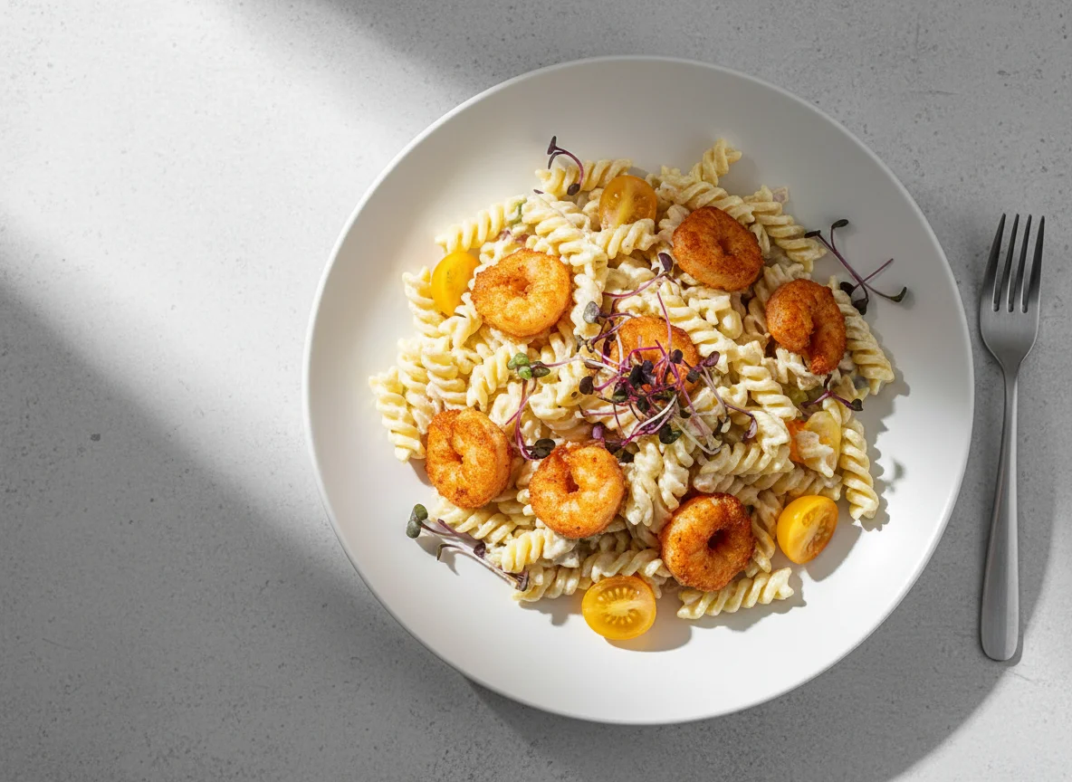 Nudelsalat mit Garnelen und Tomate photo