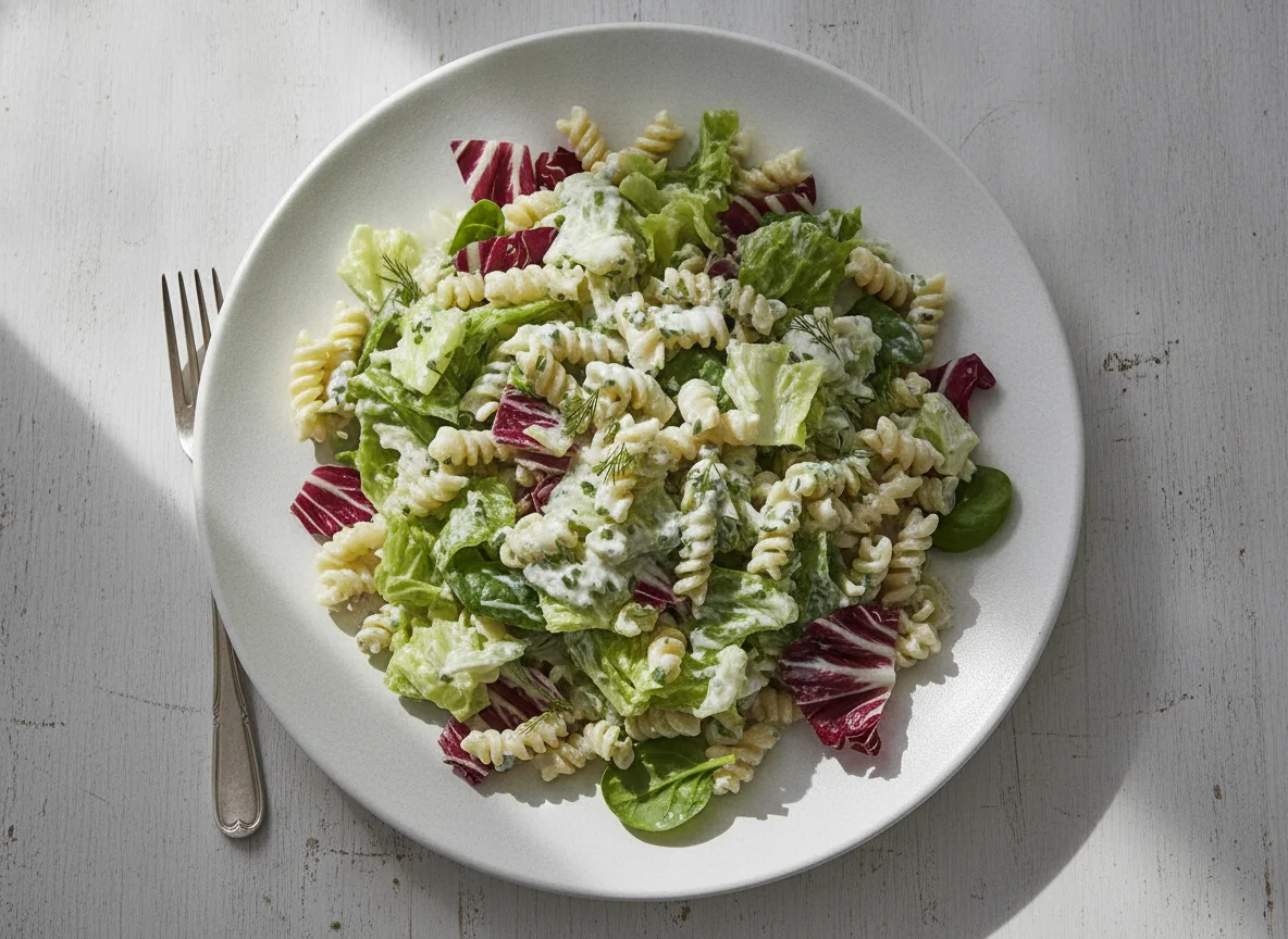 Nudelsalat mit gemischtem Blattsalat photo